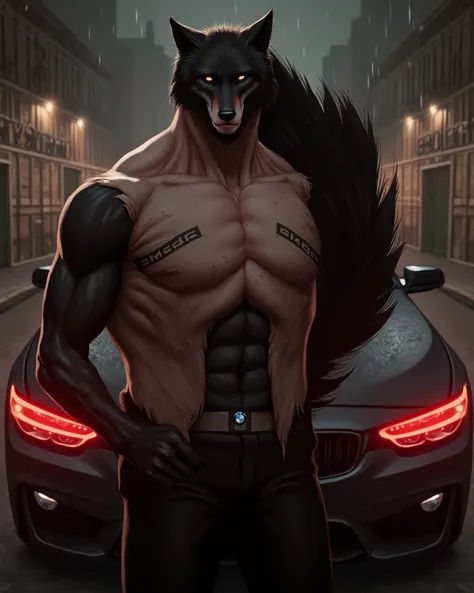 Black wolf with dark blue eyes all alone with the words L'EMPIRE Yazbi written in the background on a building and a BMW in the back and a realistic dark blue rain 