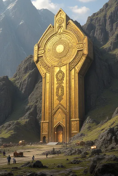 an ancient strange ornate gold portal on the slope of an old ancient mountain, around which it stands {char}, and it looks like, that there is a research camp