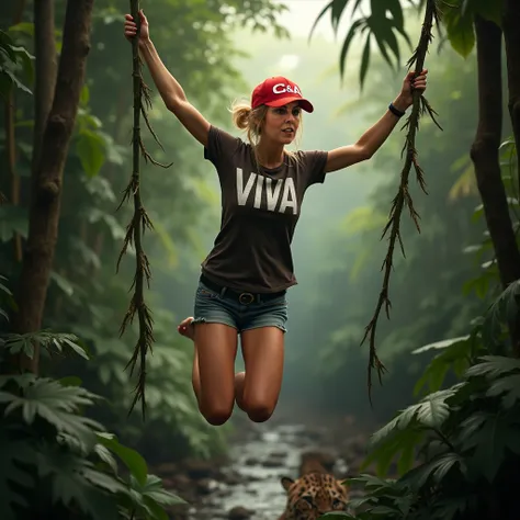 A beautiful blonde woman, about 46 years old, a little overweighted phisically, in the Amazon Jungle jumping between trees holding into a vine. She is wearing a T-shirt with the word VIVA written on the front, shorts, her hair is tied up and she is wearing...