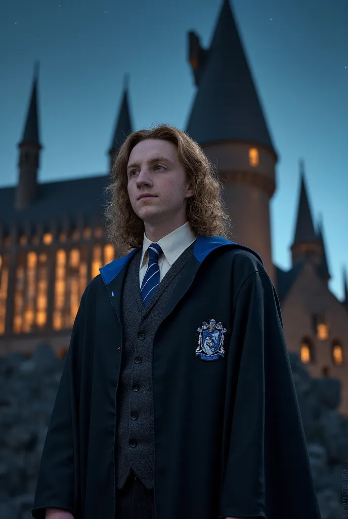 Slender adult male, Medium haired calstanho, wavy, com as roupas da cornival Harry potter Ravenclaw, The castle behind, at night 