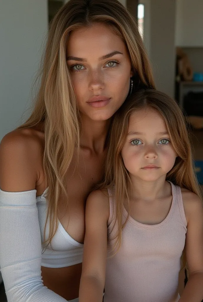 A very hot blonde beautiful mother of Scandinavian origin with big beautiful breasts sitting next to her daughter of age 4. Both staring at the camera. 8K resolution and quality.