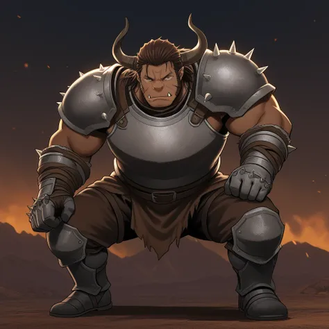 only, Orc, sensual, dark brown skin, dark brown hair, horns, leather armor.