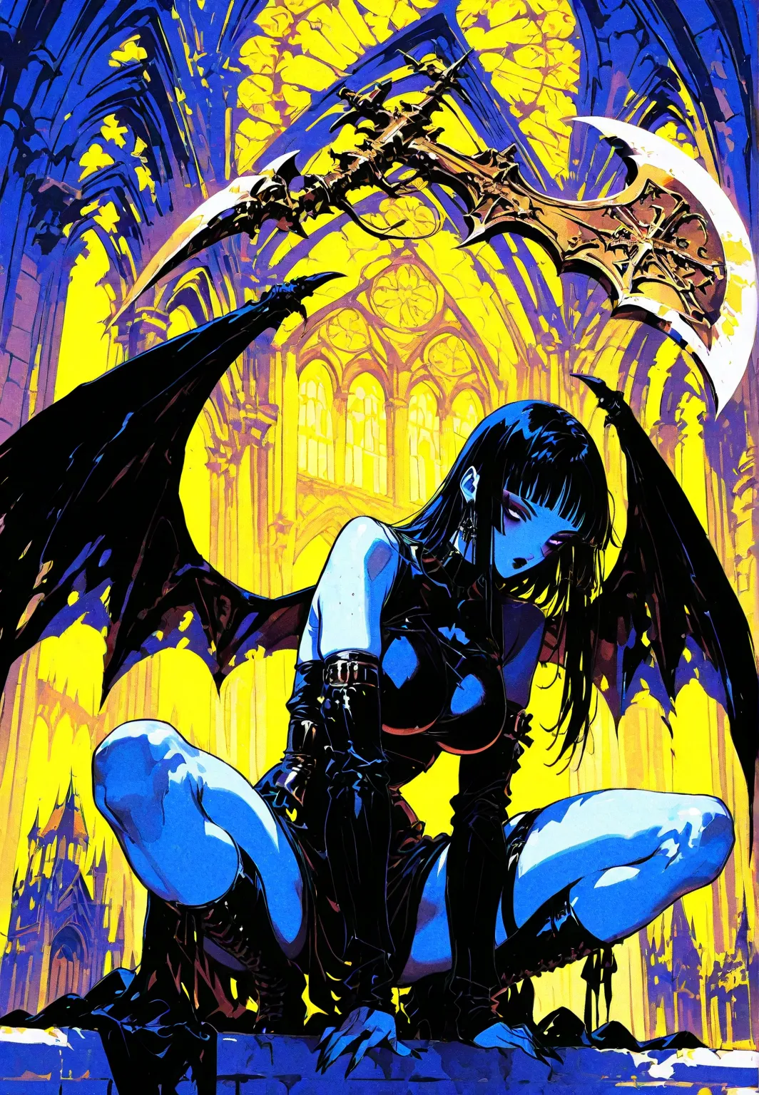 Chica gárgola, goth make-up, piel rocosa gris,  senos promedio, squatting en la cumbre de iglesia, holding an axe. Background: CATHEDRAL,  Dark atmosphere, yellow light, man behind her