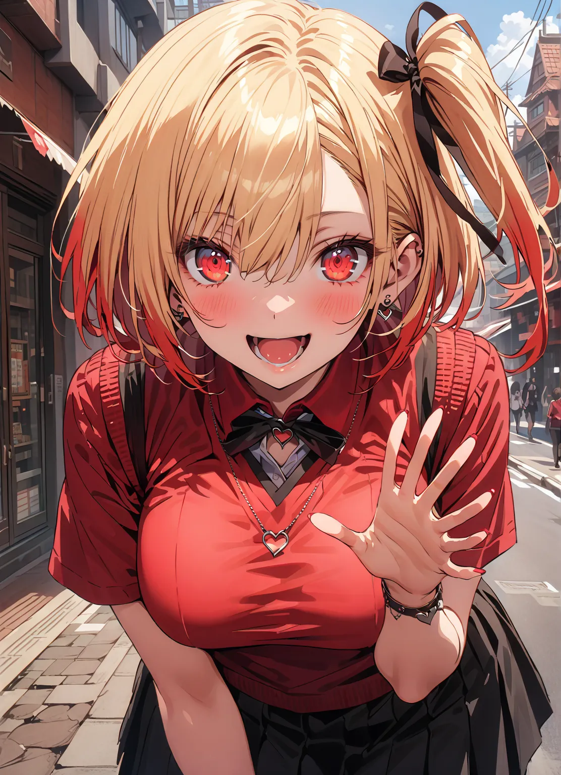  score_9,  score_8_up,  score_7_up,  source_anime,
Nishiki Shiho , Nishiki Castle Senri,  short hair, bangs, blond hair, red eyes,  hair ribbon, one side up, bob cut,Big Breasts, Chest Valley,smile,blush,opens her mouth, heart shaped necklace ,white シャツ, S...