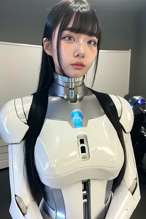 masterpiece, best quality, extremely detailed,  Japaese Cyborg girl,Plump , control panels,android,Droid,Mechanical Hand, Robot arms and legs, Black Robot Parts,silver hair,Mechanical body,long hair,White robotics parts,perfect robot girl,long tube,thick c...