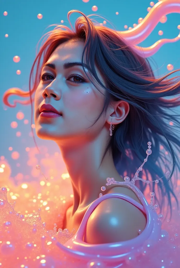 Digital fullcolor liquid slime art fullbody piece that appears to be a portrait of a korean woman's faced from liquid splash and upper body from liquid slime. the woman has a dreamy and ethereal expression on her face from liquid, with her eyes opened and ...