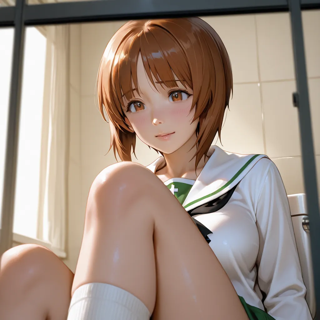 Girls＆ Panzer、Nishizumi_miho,has thick pubic hair、toilets、 school uniform、socks、Indoor shoes