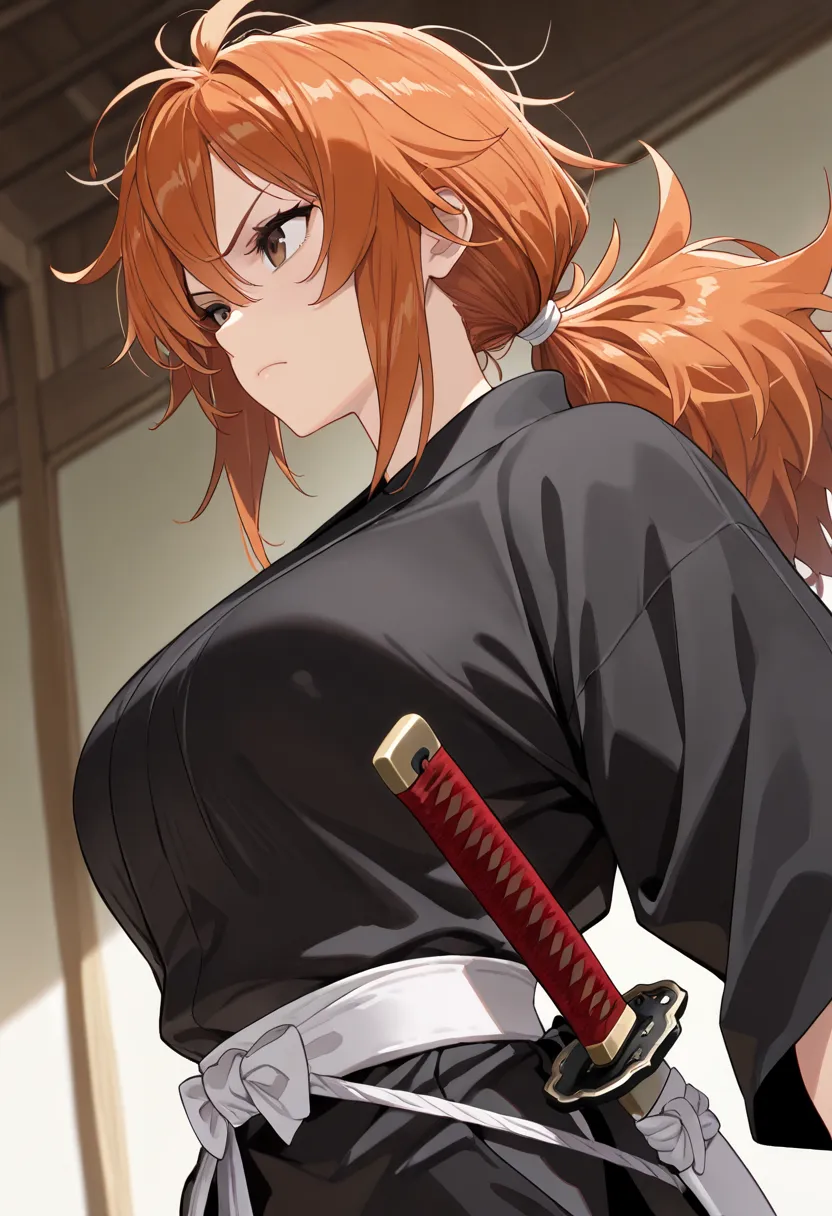 Orange hair, long ponytail in the hair, low ponytail, messy hair, brown eyes, black kimono, white belt, torso wrap cloth, pose ,samurai sword, upper body, serious face, side view, below view, ((masterpiece, extremely detailed, high quality, absurd))