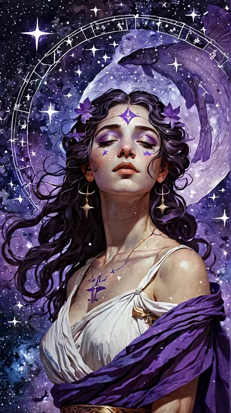 Woman from Greek mythology of the Pisces sign with ren and a violet color, In the stars 