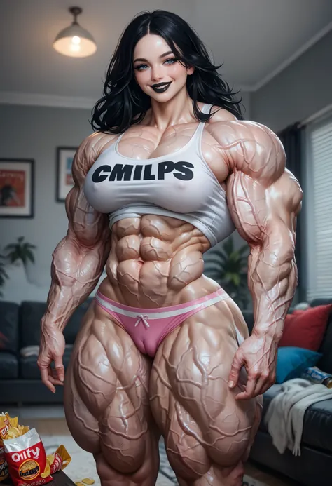 score_9, score_8_up, score_7_up, score_6_up, best quality, 1female, large hips, small waist, (muscle abs:1.3),(female muscle Growth Spurt:1.4), ,, chips, living room, (veins, veiny body, veiny pec, vascularity, vascular, veiny abs, veiny, extreme vasculari...