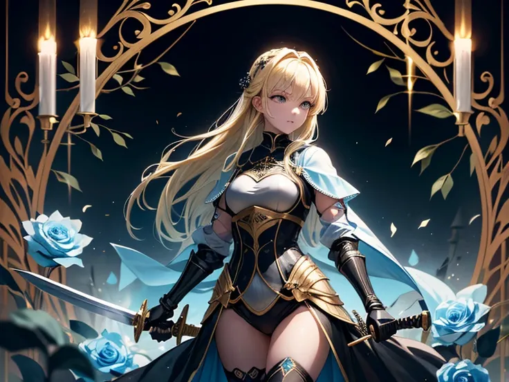 Young blonde woman medieval warrior wearing transparent black clothing covered by light blue and gold armor holding a sword similar to those of fencing and bluish black roses in the background 