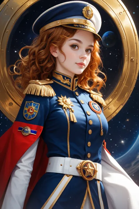   young woman,  with long and slightly curly copper hair ,  brown eyes  ,  with white skin , wearing a military dress  ,  a perfectly cut jacket in dark blue ,  with gold details on the edges of the sleeves and neck , shiny buttons that reflected light and...