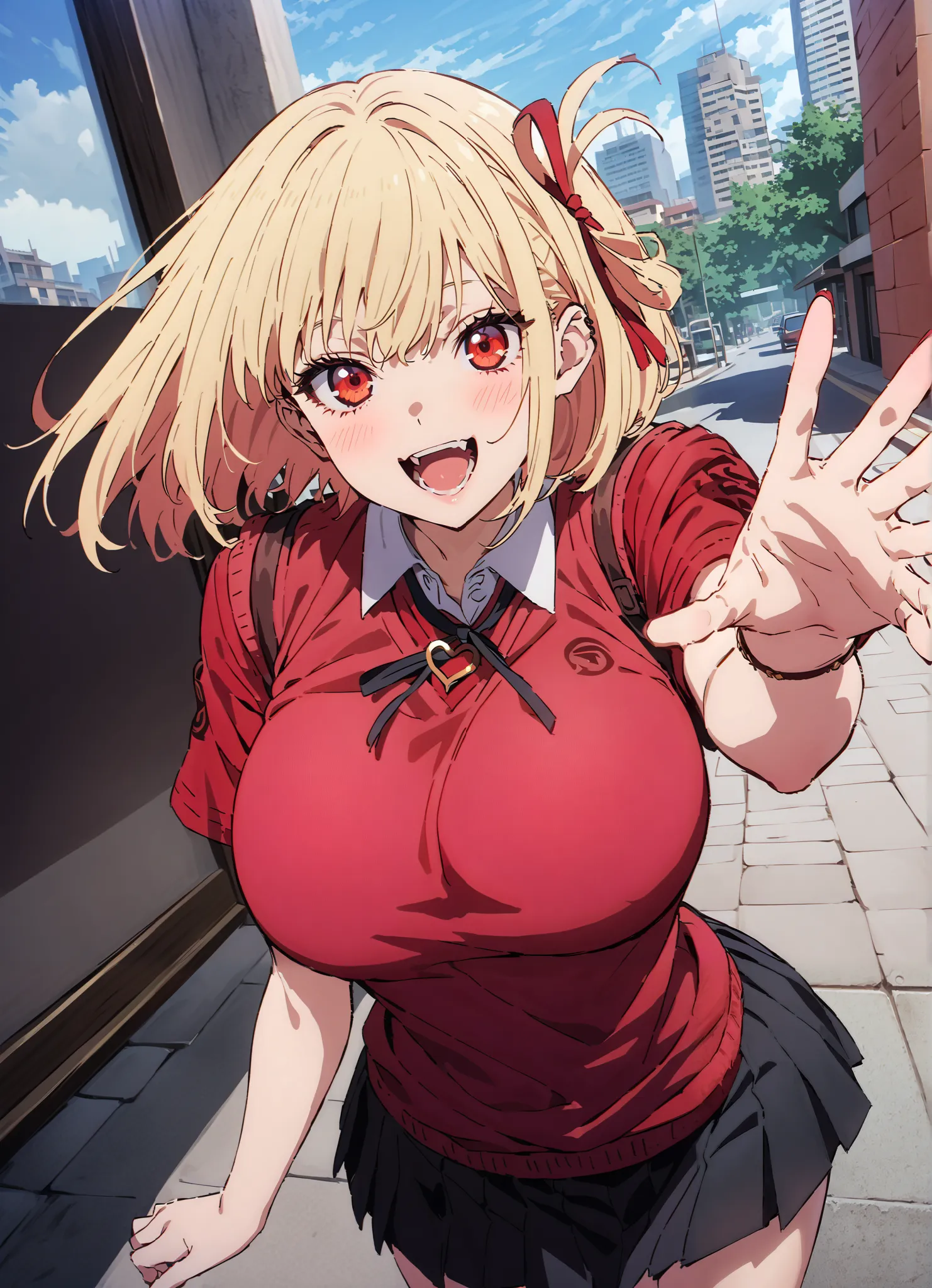  score_9,  score_8_up,  score_7_up,  source_anime,
Nishiki Shiho , Nishiki Castle Senri,  short hair, bangs, blond hair, red eyes,  hair ribbon, one side up, bob cut,Big Breasts, Chest Valley,smile,blush,opens her mouth, heart shaped necklace ,white シャツ, S...