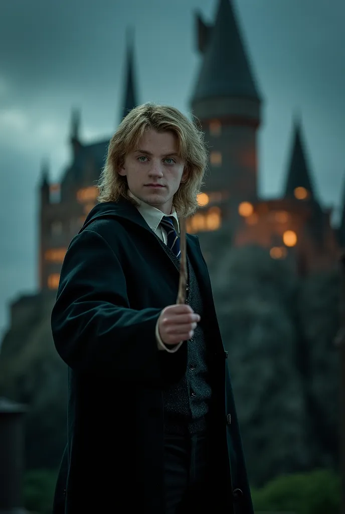 Homem adulto slender, Medium haired calstanho, wavy, com as roupas da cornival Harry potter Ravenclaw, The castle behind, at night, with the wand in hand, looking at the camera, Closer to the camera. Green-eyed adult man, slender, high 