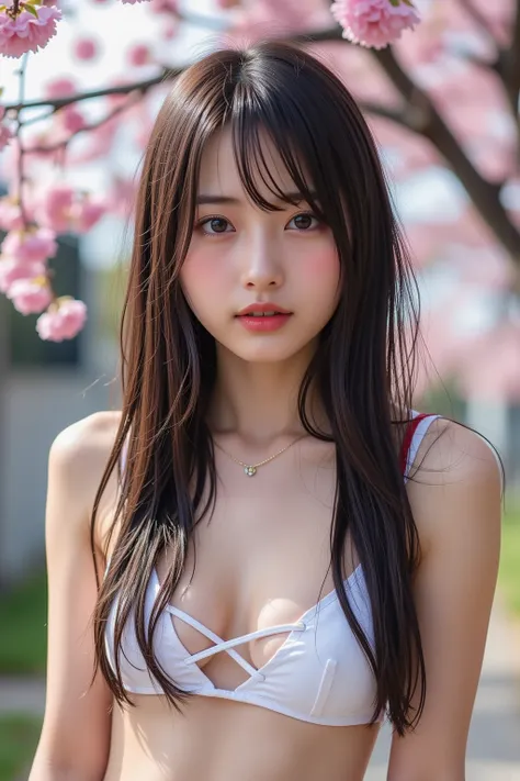 画像は高解像度inす, Color photo from a Japanese adult magazine , title " with cherry trees in the background AiPoruru  "  の長いアジア人女性in、雑誌の表紙のテキストと要素が典型的なファッション雑誌の形式inレイアウトされています.young woman,  She is probably in her early twenties ,  in、 The long  ,  straight , Bang...