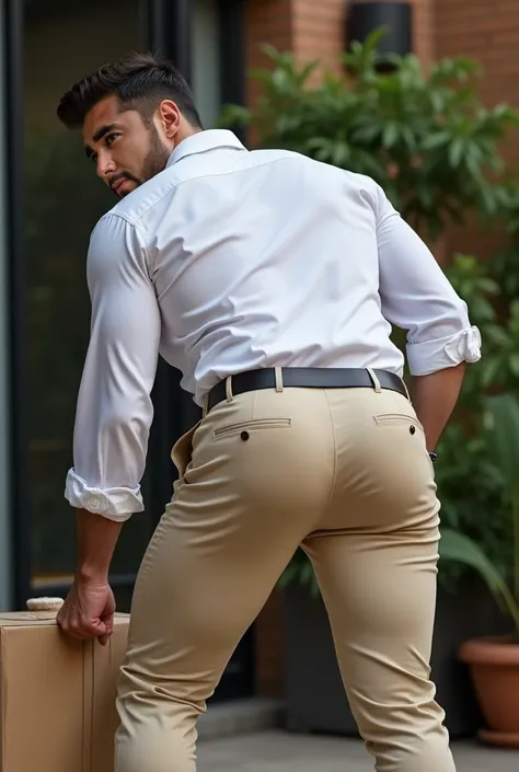 Fotografía realista, 35-year-old muscular (((atletic man))) , , View from below, nalgon de perfil, stripe white formal shirt and very tight khaki trousers, brown belt, de perfil, Big butt, viendo a cámara, ojos negros, en el patio, hombre sexy, muy nalgon,...