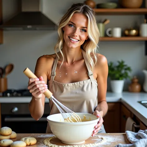 IMG_0001.CR2, 30-year-old woman, blonde, slim build, pretty, pronounced cheek bones, pronounced clavicles, full lips, wearing only an apron, in the kitchen, she is using a whisk to mix cookie mixture in a mixing bowl, she is having lots of fun baking, big ...