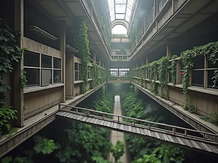 A sprawling, overgrown courtyard within a decaying, multi-story building. Lush greenery, including various flowering plants like dahlias and other blossoms in shades of pink, orange, yellow, and white, fills the interior spaces. Thick vines and foliage cas...