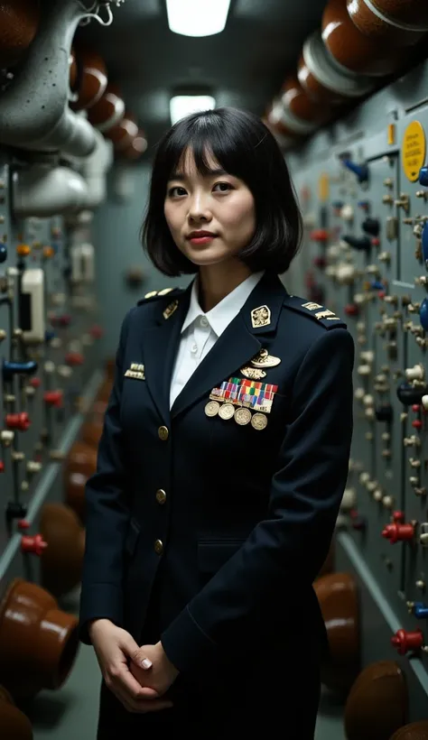 A beautiful young Singaporean woman, 20 years old, stands confidently in the torpedo room of a submarine, exuding elegance and authority. Her jet-black bob frames her delicate yet determined features, her sharp eyes reflecting intelligence and unwavering d...