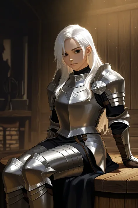 Long white hair, black eyes, sitting at a round table, dark, wearing some medieval armor,