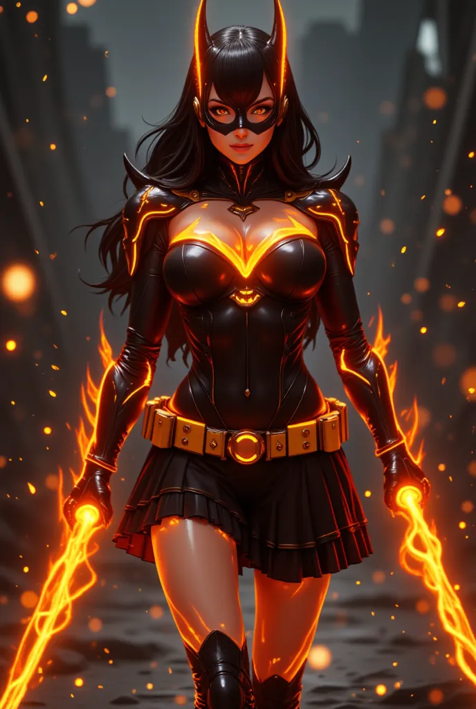 naked woman, A young adult woman, likely Caucasian, is wearing a black Batgirl costume.  The costume consists of a black top with long sleeves, featuring a yellow Bat symbol and bat-wing details. A matching black, ruffled, short-style skirt with a yellow b...