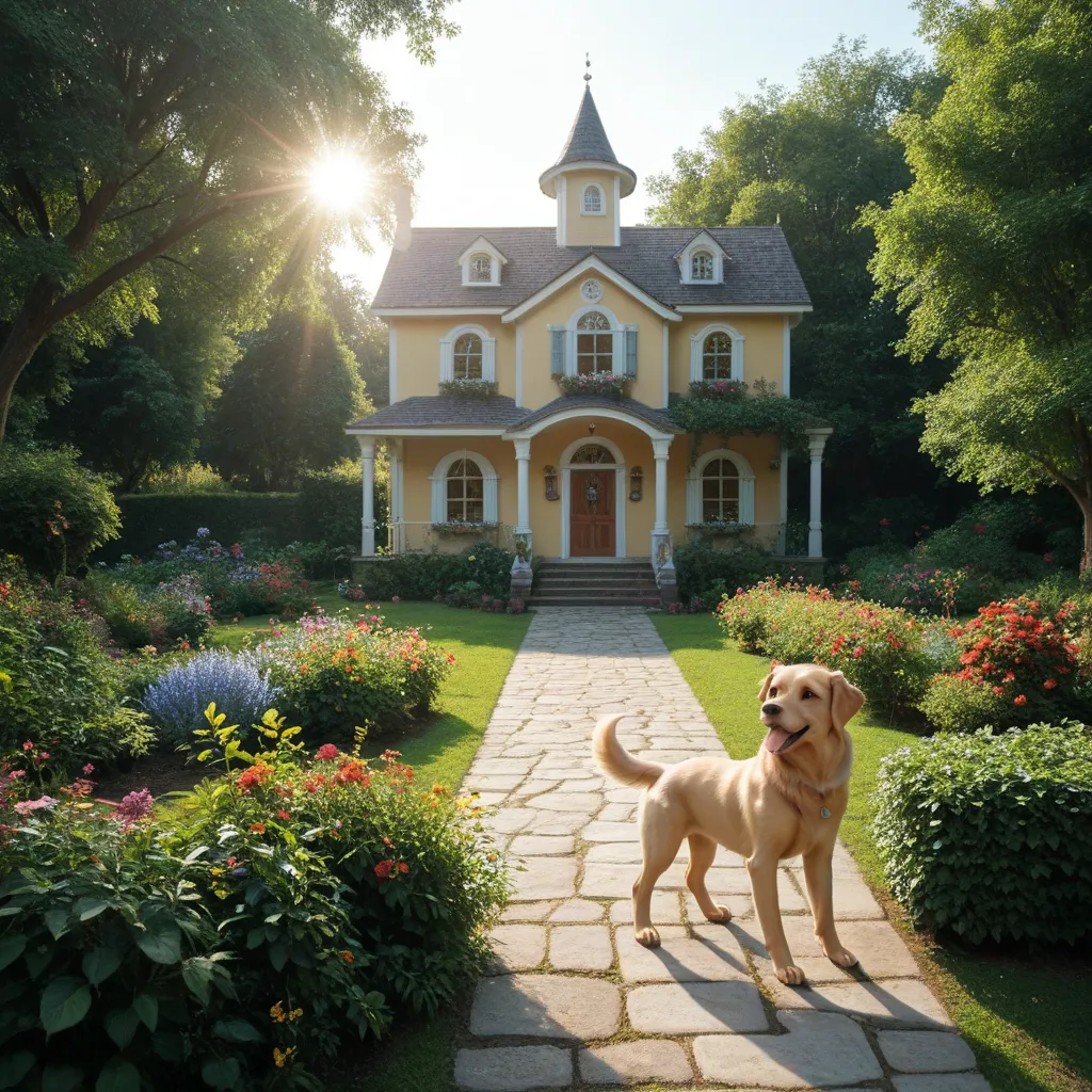 a golden retriever playing with two ren, garden, happiness,  country house, Tomorrow,  intricate,  Realistic, foto Realistic