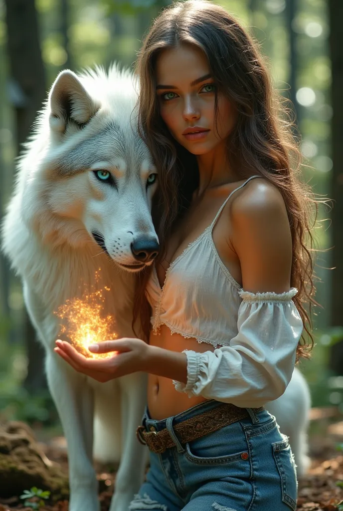 A woman of 25 , With dark green eyes. She has brown hair, long and wavy. In her hand is a magic flame. Next to her is a big and magnificent white wolf., With icy blue eyes. They are in a summer forest. She is dressed in jeans and a sexy half-open shirt.