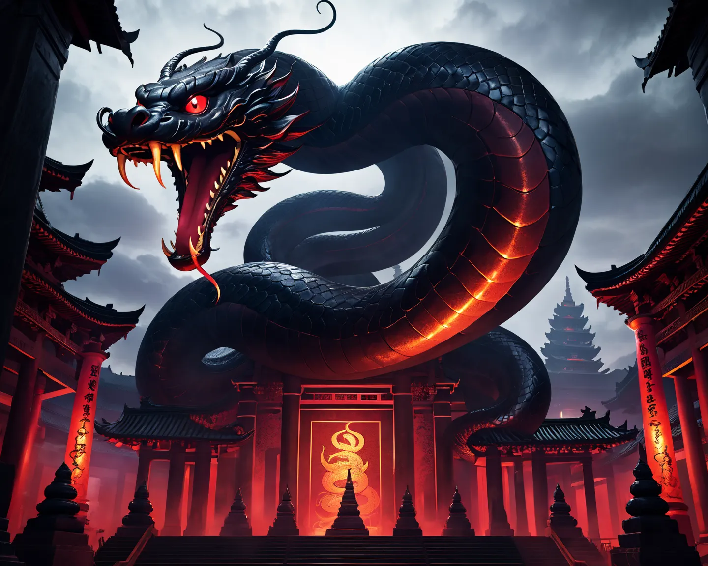 
Giant Serpent cobra that is black gold plated and has a giant circular ruby on forehead. Is drooling blood. Red Glowing Eyes.

Accurate,, Anime, Anime, Anime, Temple background red mist. Red torches in background.