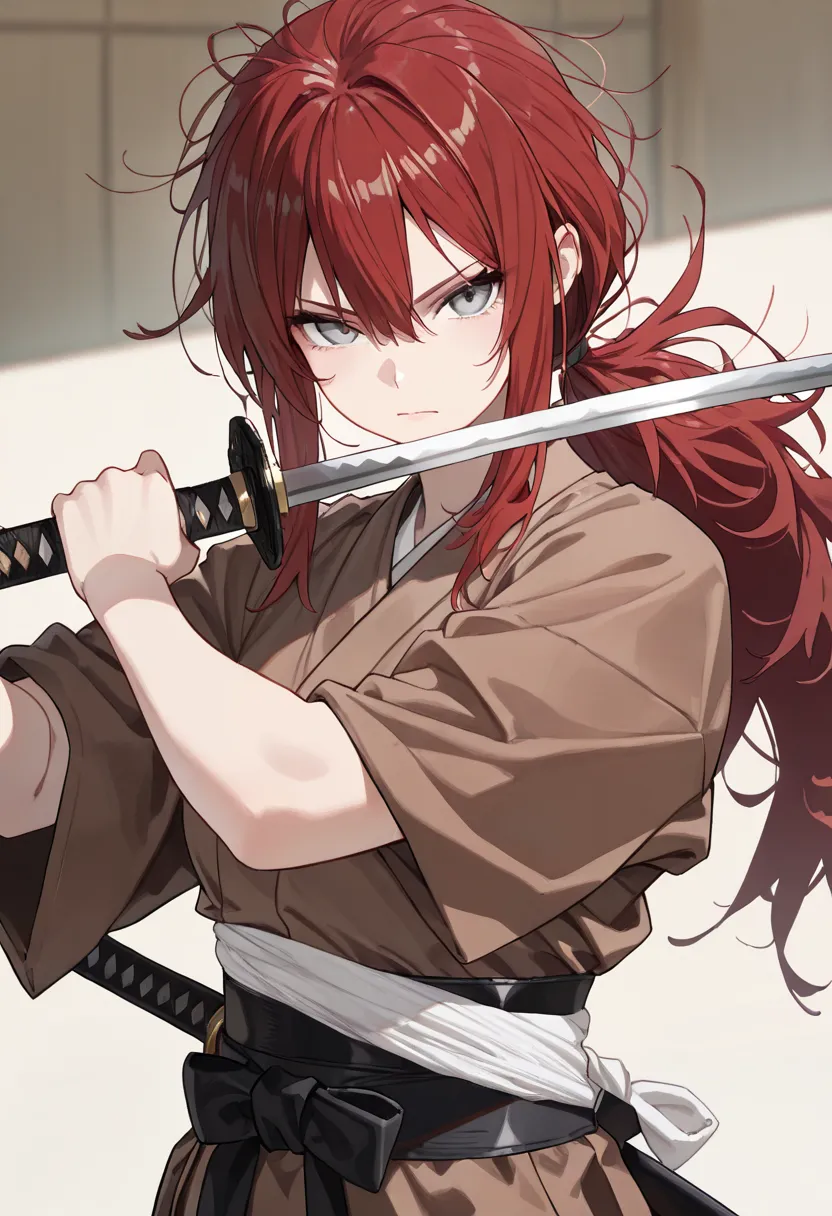 red hair, long ponytail in the hair, low ponytail, messy hair, grey eyes, brown kimono, black belt, torso wrap cloth, pose ,samurai sword, upper body, serious face, foward view, brandishing katana, (( masterpiece, extremely detailed, high quality, absurd))