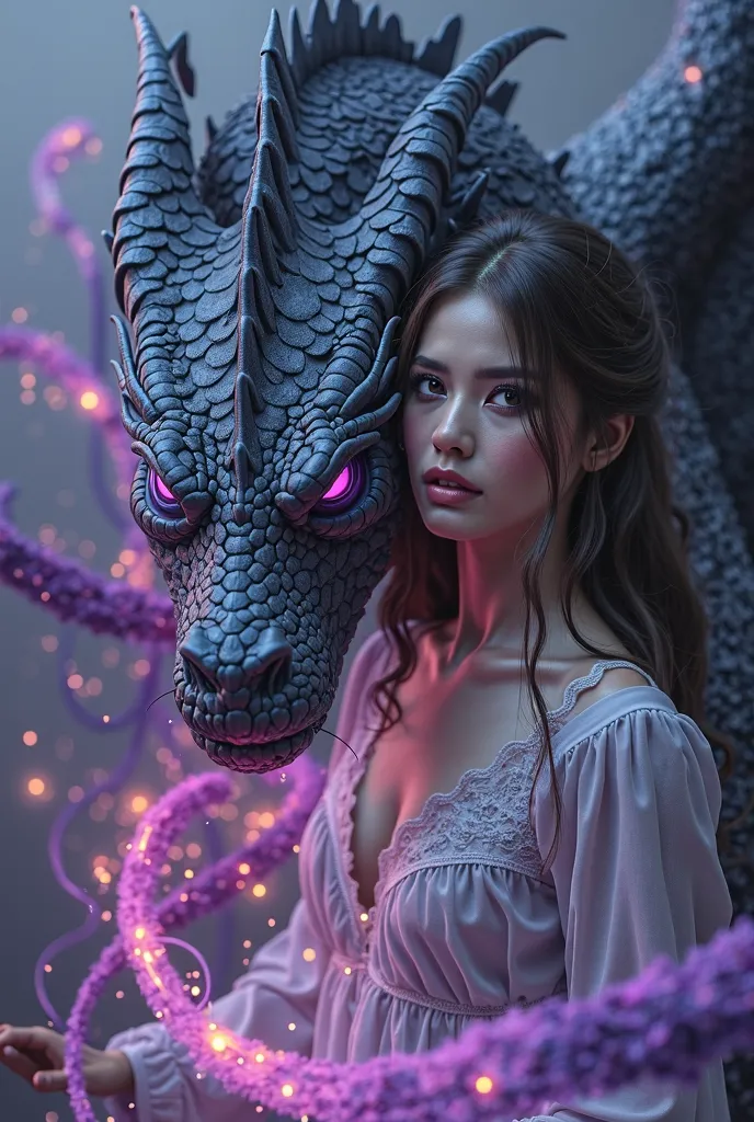 A realistic woman with white hair stuck to a dragon. The dragon has purple eyes , il y a une flammes avec un dégradé de couleur violet bleu foncé bleu au sol. 