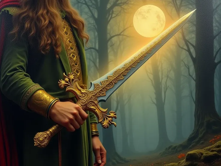  Mythological sword art. Close up. King Arthur holding Excalibur in a misty, moonlit forest. Medium shot. Vibrant, mystical oil painting with golden accents. Soft, ethereal light dancing across the sword's blade. Intricate, Celtic-inspired hilt details. Ma...