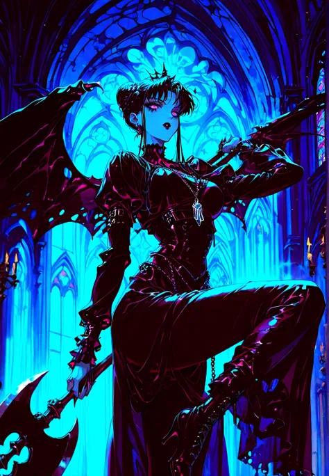 Chica gárgola, goth make-up, piel rocosa gris,  senos promedio, standing in one leg en la cumbre de iglesia, holding an axe. Background: CATHEDRAL,  Dark atmosphere, violet light, man behind her