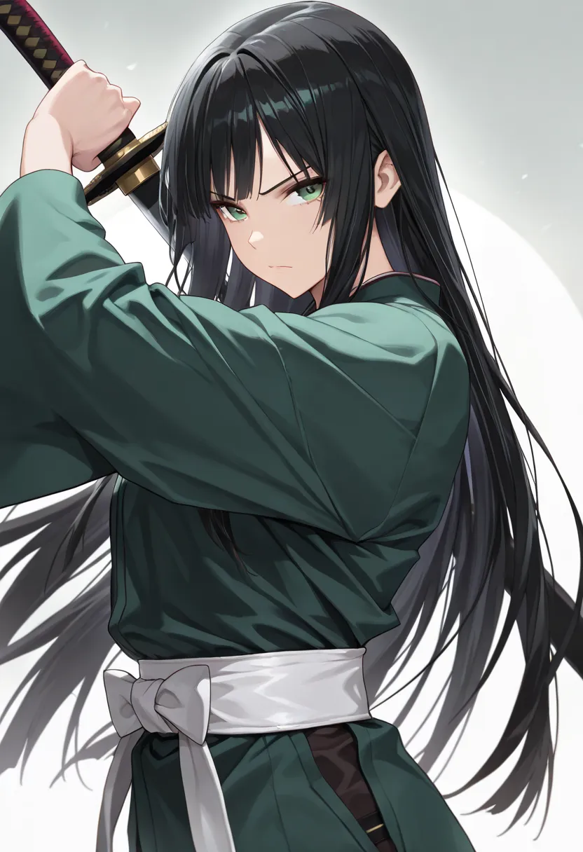 black hair, straight long hair, bangs down, green eyes, green kimono, white belt, pose, samurai sword, upper body, serious face, side view, ((masterpiece, extremely detailed, high quality, absurd))