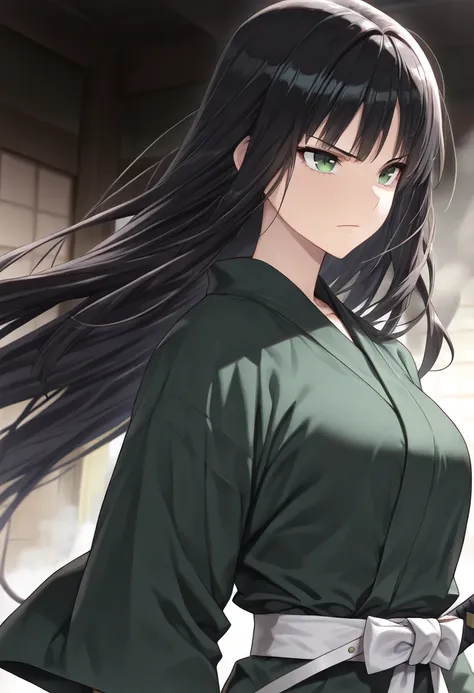 black hair, straight long hair, bangs down, green eyes, green kimono, white belt, samurai sword, upper body, serious face, side view, ((masterpiece, extremely detailed, high quality, absurd))