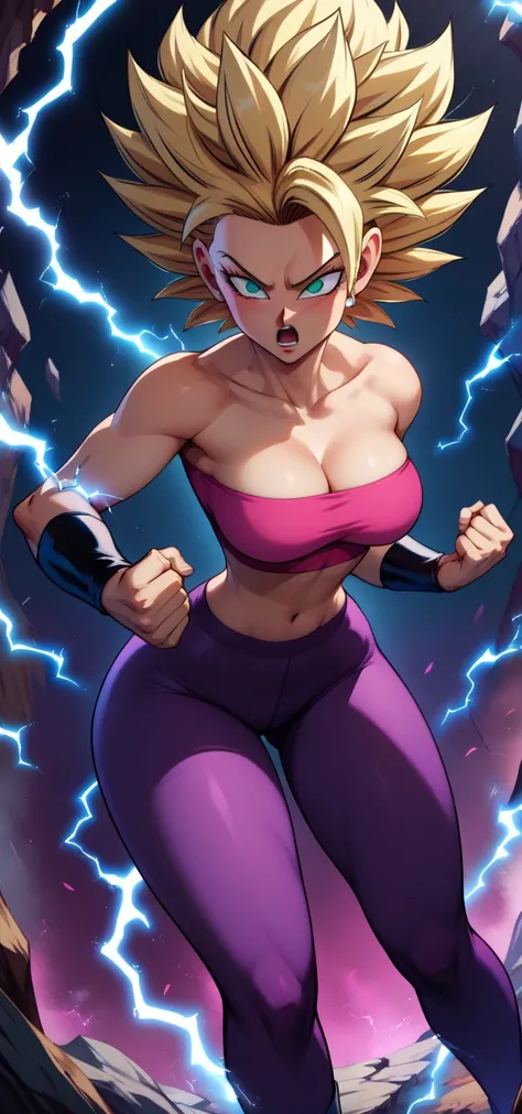 score_9, score_8_up, score_7_up, BREAK,   CauliflaSDXL, 1girl, solo, breasts, open mouth, blonde hair, navel, bare shoulders, hanging breasts, midriff, pantyhose tights, aqua eyes, crop top, strapless, spiked hair, clenched hands, strong pose legs apart, e...