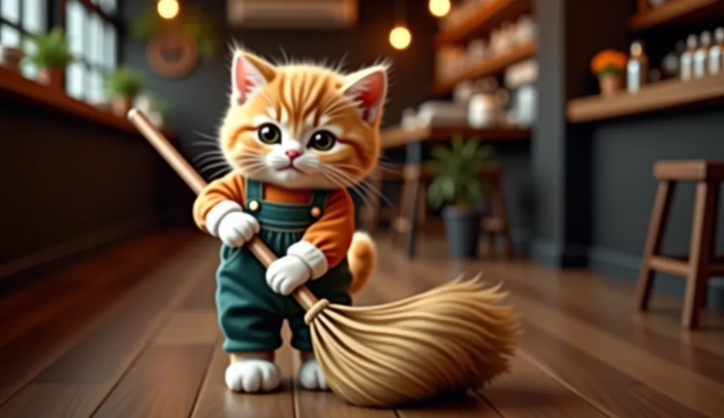 Hyper realistic orange kitten in coffee shop outfit cleaning the coffee shop with a broom, the kitten works in the coffee shop, do everything ultra realistic.