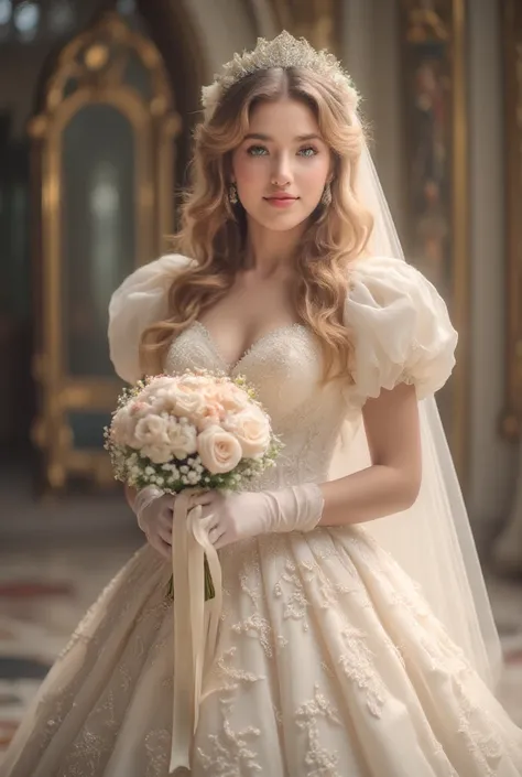  masterpiece, 1girl, solo, princess peach, blonde hair, long hair, light blue eyes, full lips, smiling, makeup, large breasts, bare shoulders, wedding veil, sheer white face veil, wedding dress, wedding gloves, in a church aisle, standing, anime screenshot...