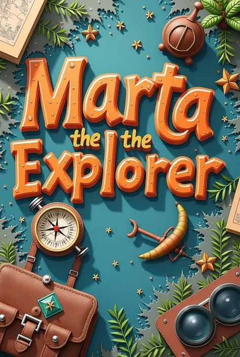 The writing "Marta the Explorer" in a very colorful adhesive style with elements around it such as compass, MAPPA, binoculars and lenses. The writing DEVE ESSERE IN ITALIANO. MUST HAVE WRITTEN TO US "Marta the Explorer"