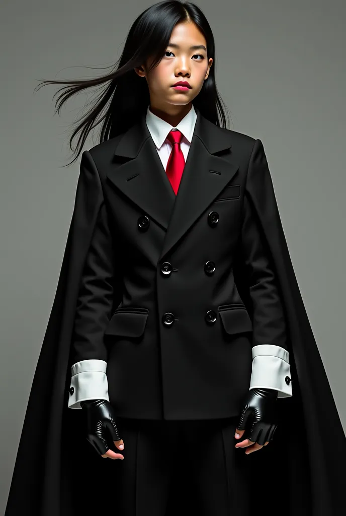 Live Action Tall Asian Tween Boy With Long Flowing Black Hair, Wearing a VERY Long Sleeved Black Double Breasted Suit With Long Victorian Cape over a White Dress shirt And Red tie, With White Sleeve cuffs over his Black Leather Gloved Palms and Black Dress...