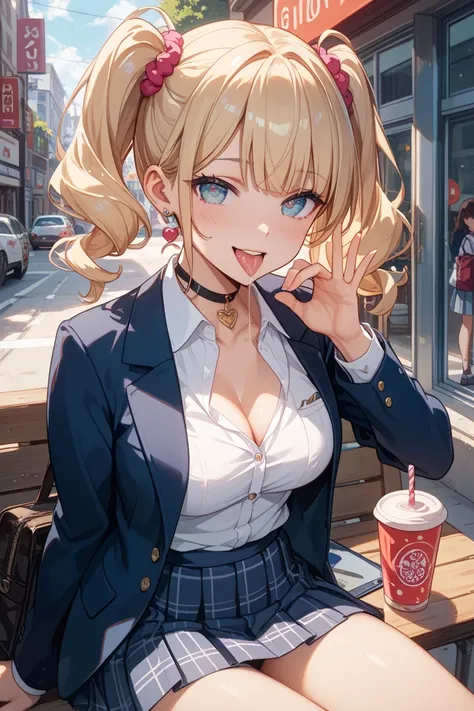 （HD、 in the background is a downtown area）1 sexy schoolgirl（ Gold、twin tails、F cup chest wearing、18 years old) wearing a blazer 、I'm wearing a slightly shorter skirt、 in the middle of the road、 roll up skirts、is spreading her legs、not wearing pants、 pussy ...