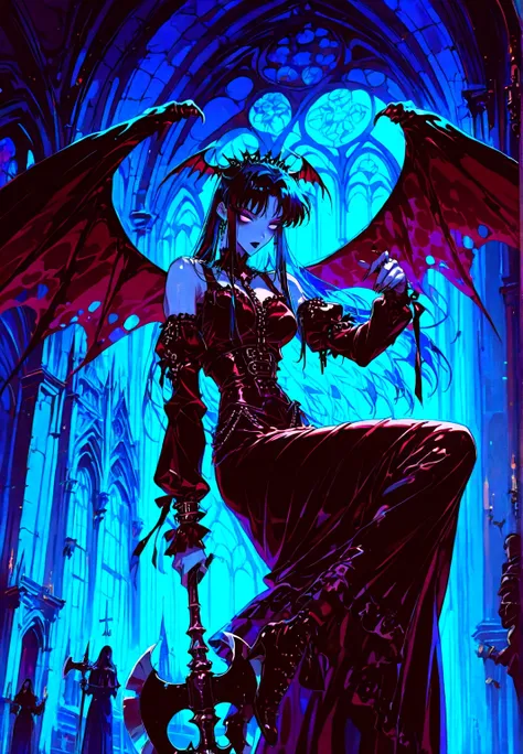 Chica gárgola, goth make-up, piel rocosa gris,  senos promedio, standing in one leg en la cumbre de iglesia, holding an axe. Background: CATHEDRAL,  Dark atmosphere, violet light, man behind her