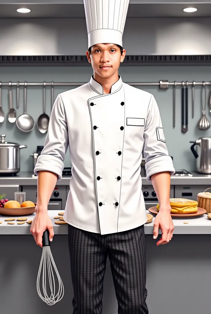 Can you make him wear a pastry chef uniform and don’t make his face different 