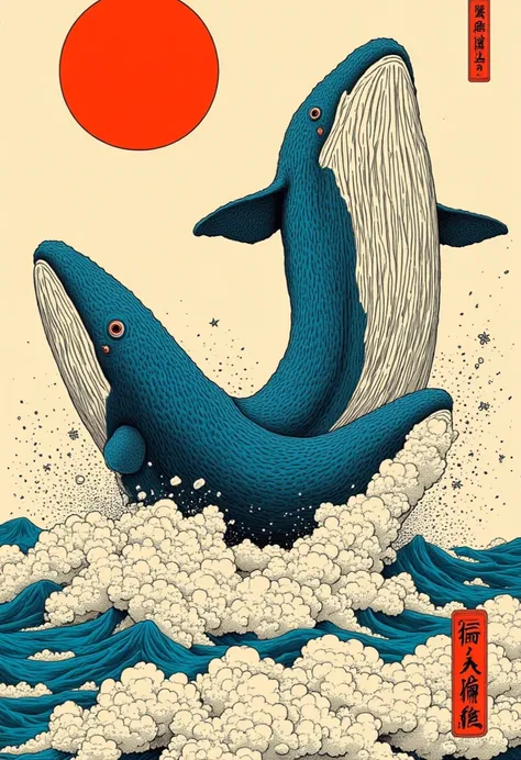 whales in traditional Japanese art style, like Ukiyo-e (Woodblock print). extreme design, extra  exhaustive, Creative, HIGH QUALITY DESIGN ,  Black and white background and , Strong Contours,  traditional Japanese art style whales with strong colors and co...