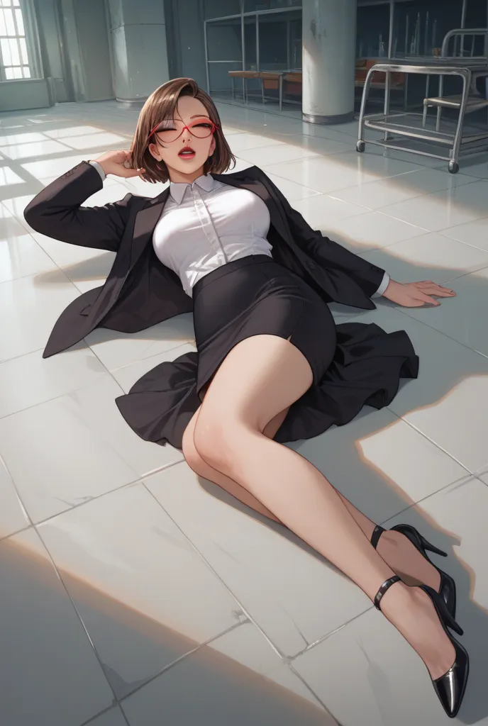 Sexy woman,  cut bob breasts, Brown hair,  red glasses, eyes closed,  black eyes, red lipstick, grande Pecho, curvilinear,  white formal shirt,  black skirt, black formal jacket,  black formal shoes ,  walking in an abandoned laboratory, fainted,  lying on...