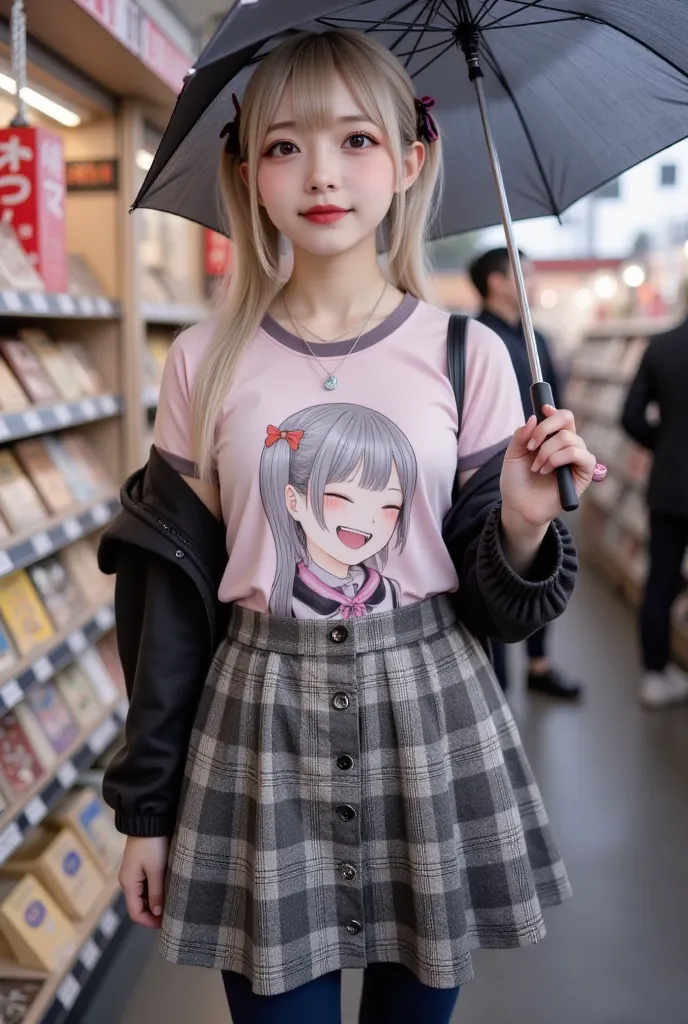  super realistic, Realistic,  Dramatic Scene ,  Shadow , Full-area lighting, alone,  1 woman with an umbrella\( age japanese gothic girl ,  jiraikei fragile japanese girl ,   is very beautiful， Very Cute Face  ,  Very Large Breasts , Slim Waist,  Blonde Po...