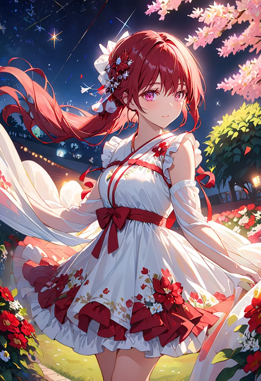 1 girl, Alone, Highest quality,  masterpiece ,  Hoshino Ruby,  hair ornaments close to the garden, shining eyes, Stars in my eyes, (右Stars in my eyes:1), ( dress:1.4), ( concert 1),  ,