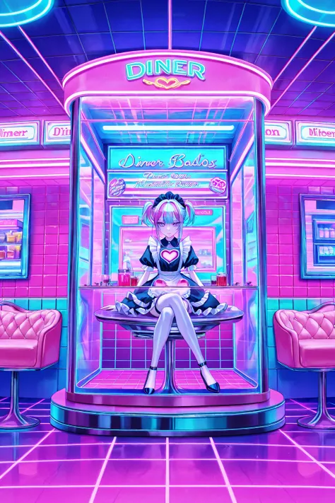 cool beauty, gradation color hair, slender body, sit in Heart-shaped object , maid exotic fashion, diner motif room, neon color, Vaporwave, girl in the glass box,