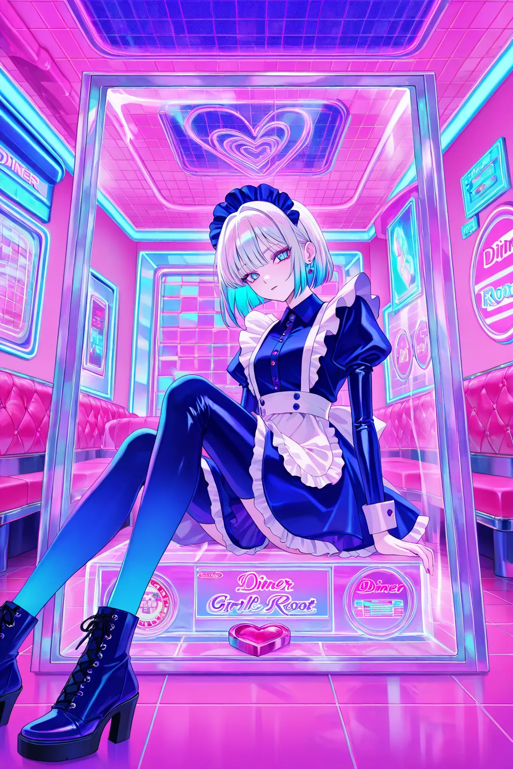 cool beauty, gradation color hair, slender body, sit in Heart-shaped object , maid exotic fashion, diner motif room, neon color, Vaporwave, girl in the glass box,