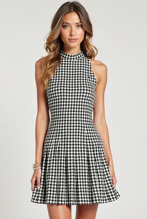 Sleeveless fitted halter neck short dress with black and white checkered print with a pleated edge at the end of the dress fitted down with only 4cm of pleating at the end and white bias on the neck and armhole
