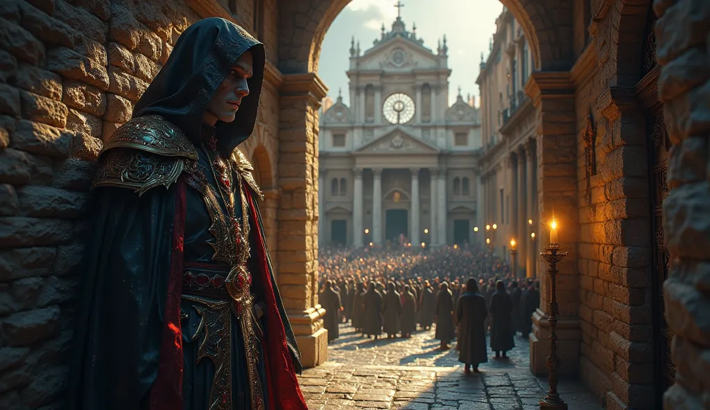 CLOSE-UP VAMPIRE DRESSED AS A PRIEST HIDING IN AN ALLEY WHILE WATCHING A SQUARE WITH MANY PRIESTS IN ROME